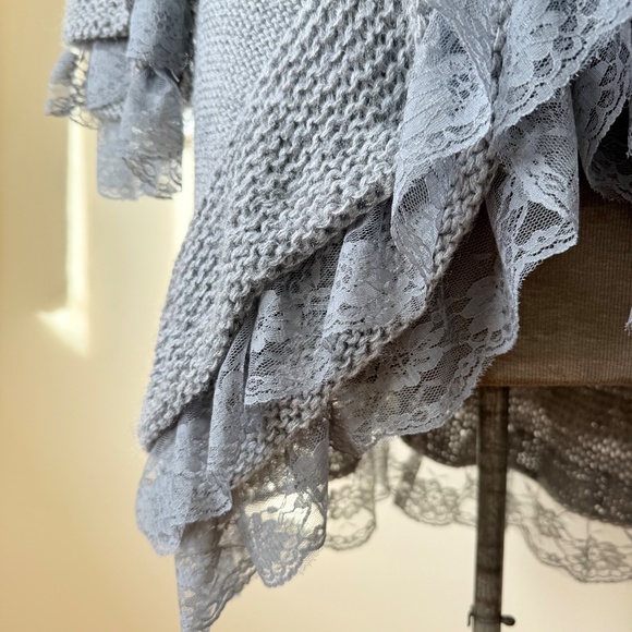 Y2K Coquette Grey Knit Lace Cardigan – Balletcore Fairy Grunge Tie Front - Picture 8 of 12